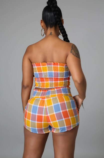 Checkered Smocked Tube Top & Shorts Set