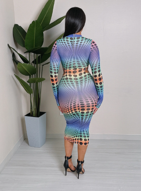 Dot Print Side Cut Mesh Dress