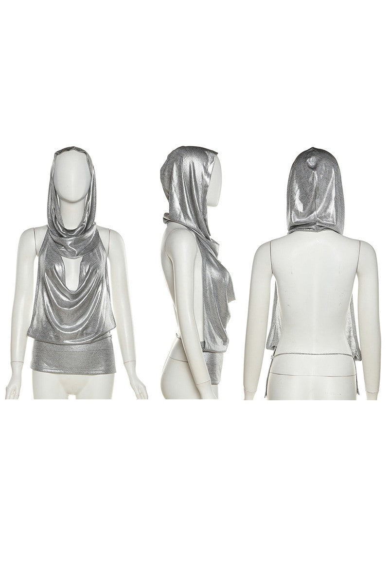 Metallic Backless Top w Hoodie