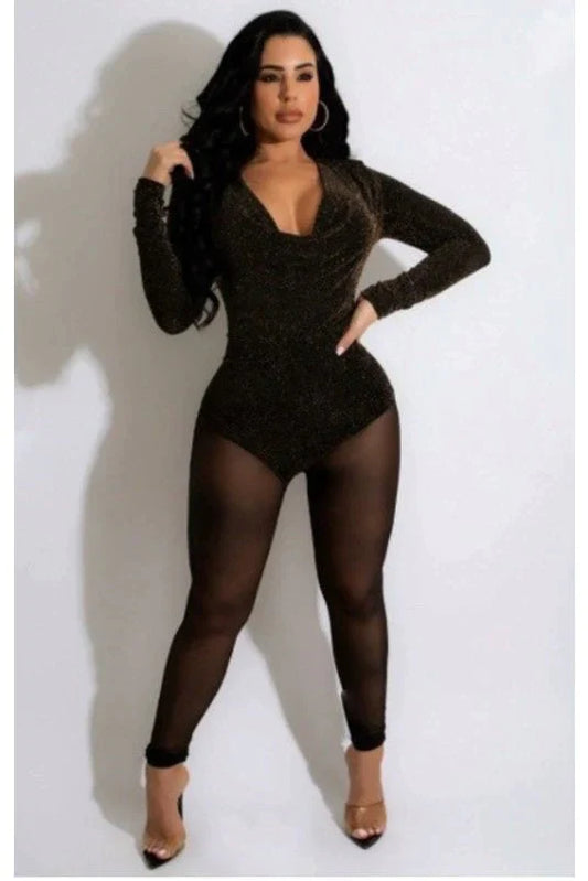 Cowl Neck Glitter Mesh Jumpsuit