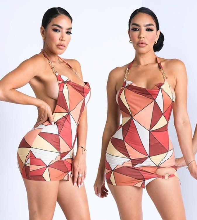 Triangle Color Block Halter Mini Dress