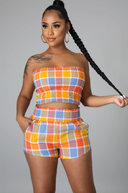 Checkered Smocked Tube Top & Shorts Set