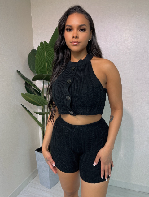 Sleeveless Knit Button Short Set