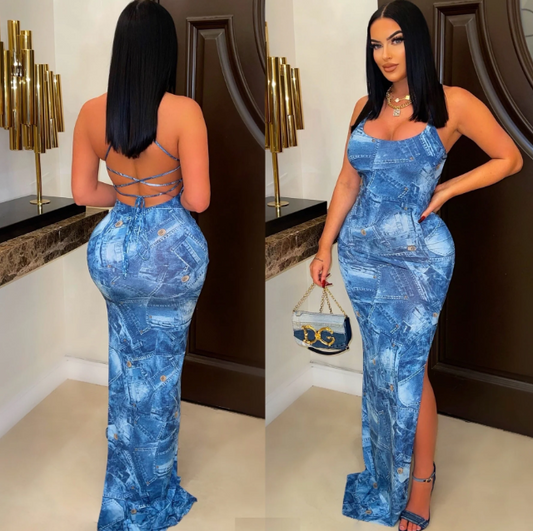 Denim Print Bottom Slit Dress