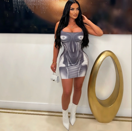 Body Print Strap Mini Marble Dress