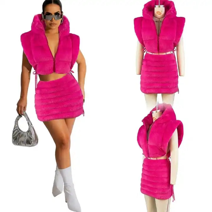 Fur Vest & Skirt Set