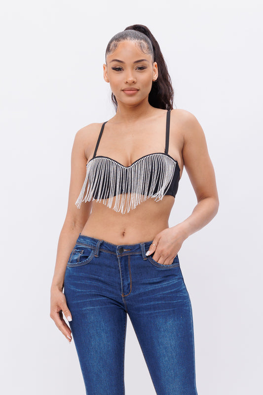 Spaghetti Strap Rhinestone Fringe BraTop