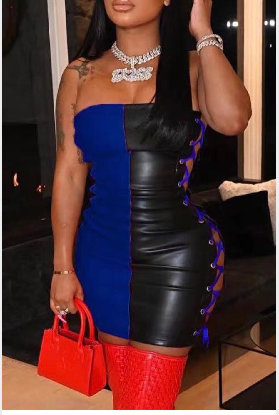 PANK FLAMINGO BLCK & BLUE LEATHER DRESS
