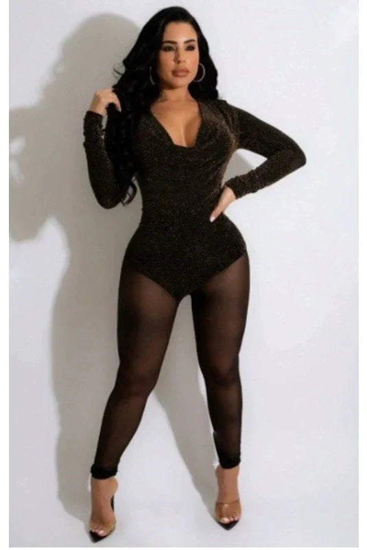 Cowl Neck Glitter Mesh Jumpsuit