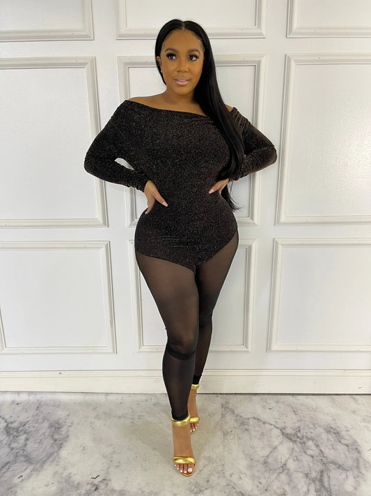 Cowl Neck Glitter Mesh Jumpsuit