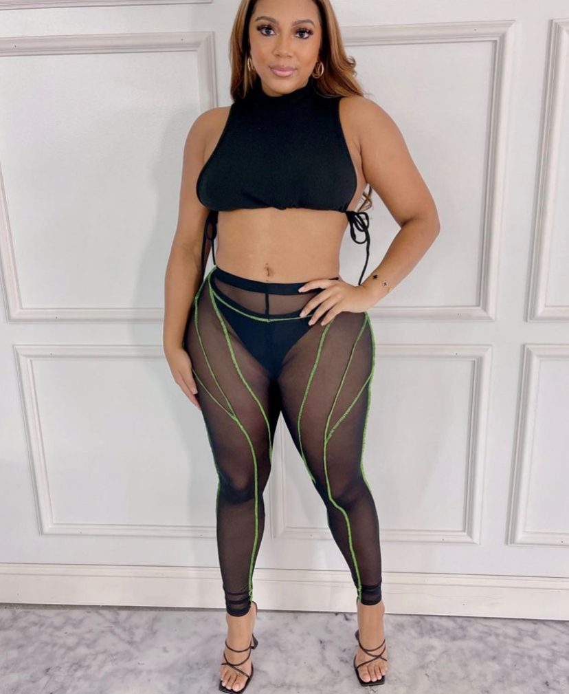 Solid Tie Top & Mesh Leggings Set