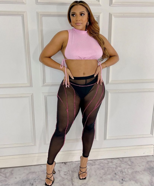 Solid Tie Top & Mesh Leggings Set