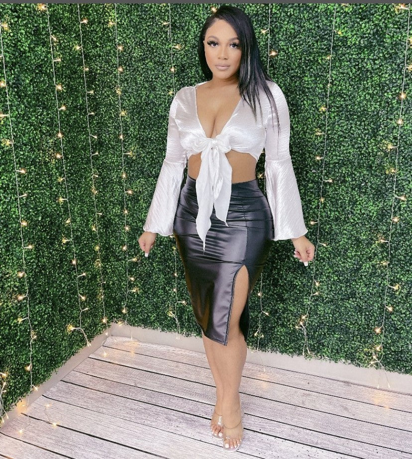 Side Slit Midi Leather Skirt