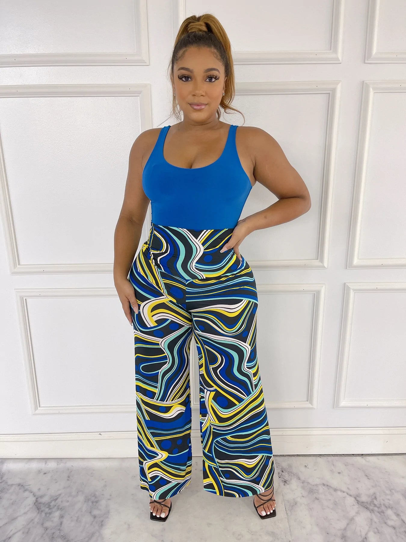 Solid Bodysuit & Multi Print Pants Set
