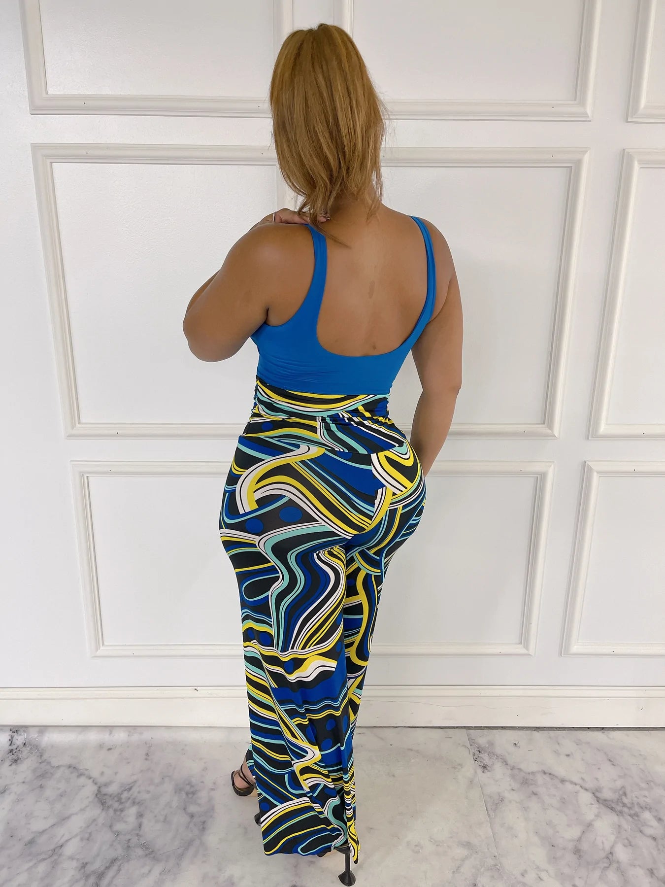 Solid Bodysuit & Multi Print Pants Set